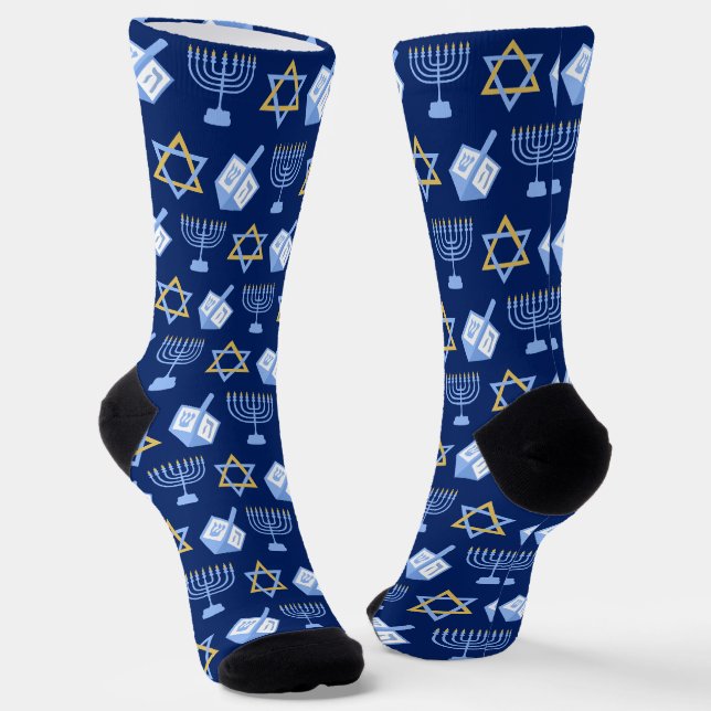 Chaussette Cute Hanoukka Dreidel Menorah Motif Blue Gold (Angulaire)