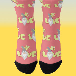 Chaussette Cute love Valentines Day Gnome  Pink Yellow Gray