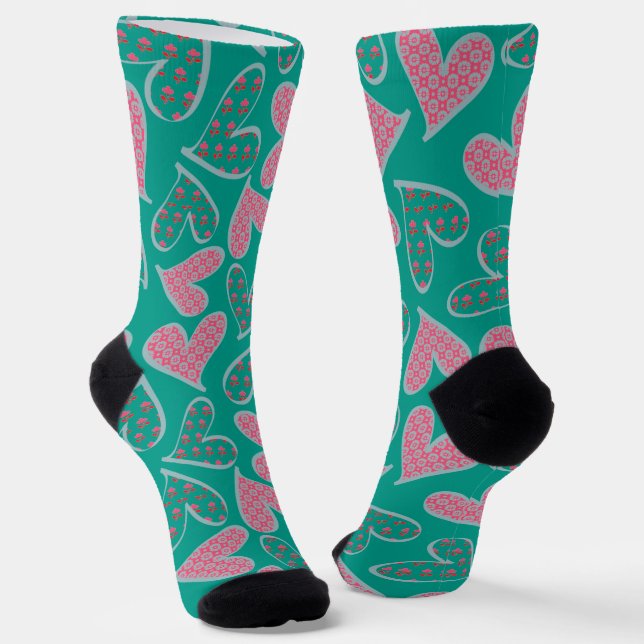 Chaussette Cute rose et Turquoise Floral Hearts Motif (Angulaire)