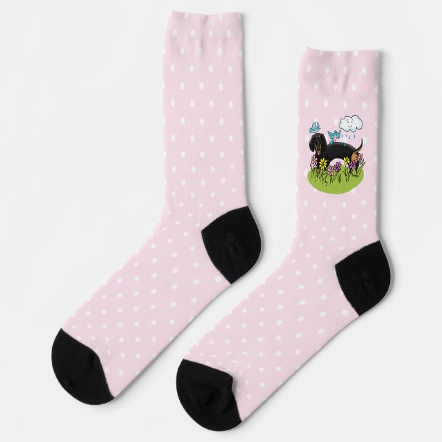 Chaussette Dachshund Dog Dachsie de printemps (noir et tan) m (Gauche)