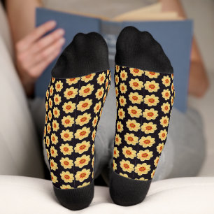 Chaussette Dahlia jaune motif floral sur noir