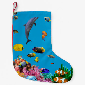 Chaussette de Noël bleue poisson tropical & dauphi