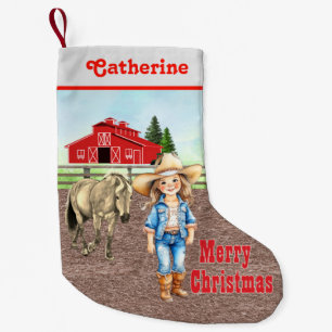 Chaussette De Noël Petite fille occidentale avec cheval et grange