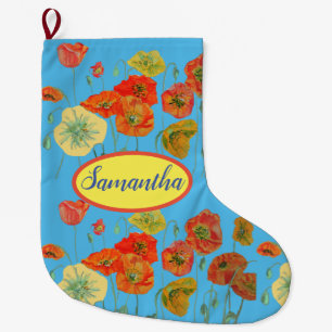 Chaussette De Noël Poppies Orange Jaune Fleurs Florales Bleues Grande