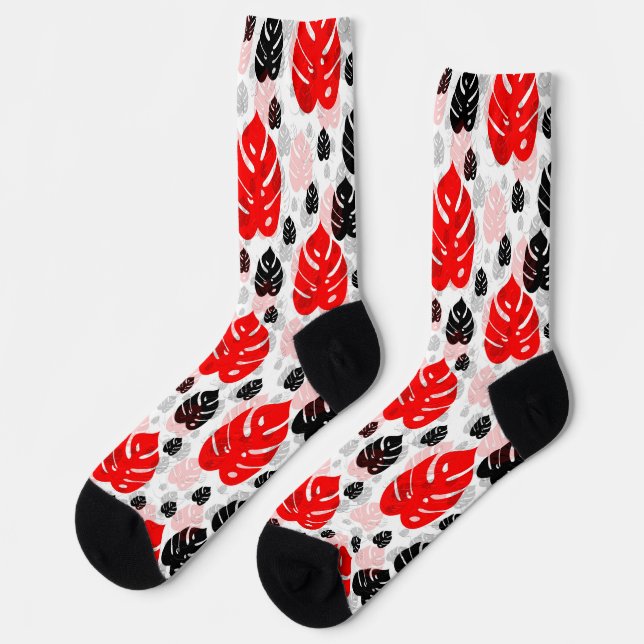 Chaussette Design Motif d'illustration de feuille noire rouge (Gauche)