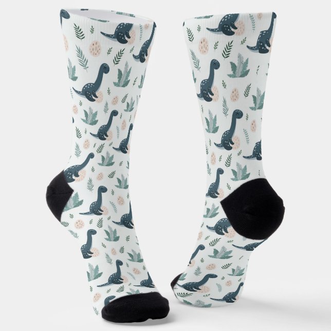 Chaussette Dinosaure Vert Bleu mignon avec Feuillage et Oeufs (Angulaire)