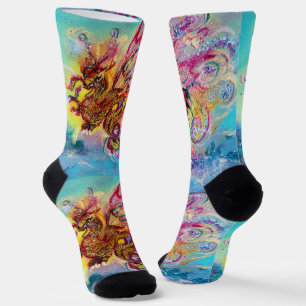 Chaussette DRAGON DES MERS PARMI LES VAGUES Fantaisie Rose Bl