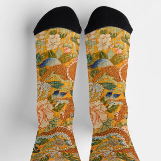 CHAUSSETTE DRAGON PARMI LES PIŒNIES, FLEURS, FEUILLES VERTES 