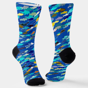 Chaussette École de poisson, bleu foncé, blanc et turquoise