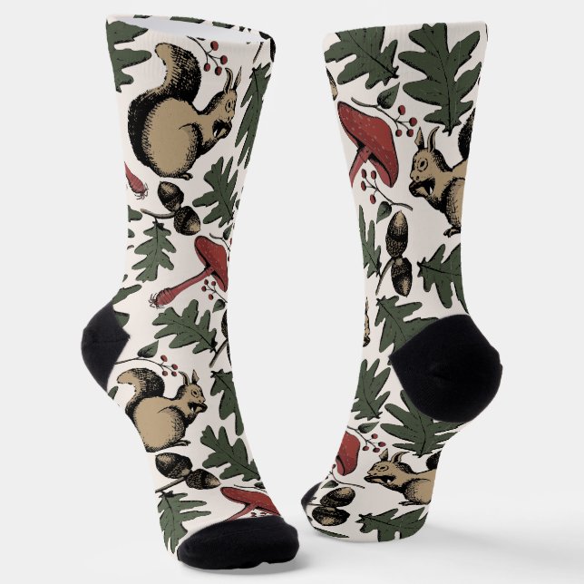 Chaussette Écureuil et champignons Forêt d'hiver Animaux (Angulaire)