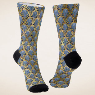 Chaussette Elégant Blue Gold Art Déco Motif Vintage