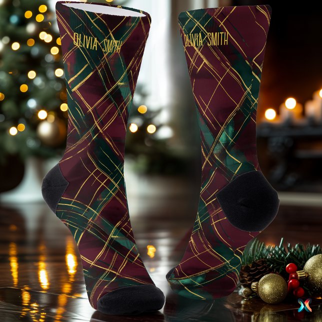 Chaussette Elegant Burgundy and Green Christmas Plaid Custom (Créateur téléchargé)
