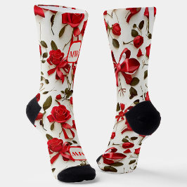 Chaussette Élégant ruban de roses rouges arcs monogramme
