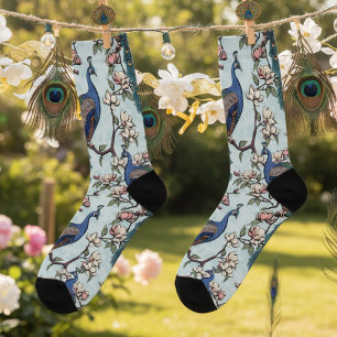 Chaussette Elégants Peacocks Turquoises et Fleurs de Magnolia