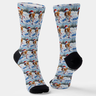 Chaussette Épagneul Breton Pointant sur des Bonbons de Noël