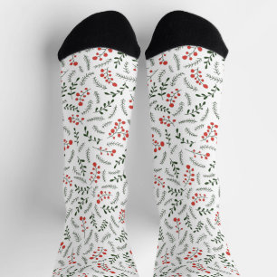 Chaussette Ferme campagne rouge blanc vert feuillage motif