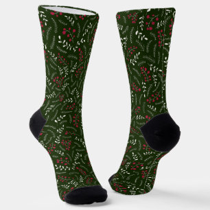 Chaussette Ferme vert foncé rouge rustique feuillage motif