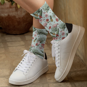 Chaussette Flamant rose tropical Motif floral Turquoise Bleu