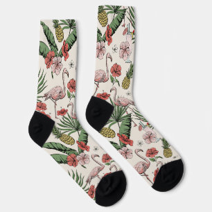 Chaussette Flamant rose tropical Motif floral Turquoise Ivory
