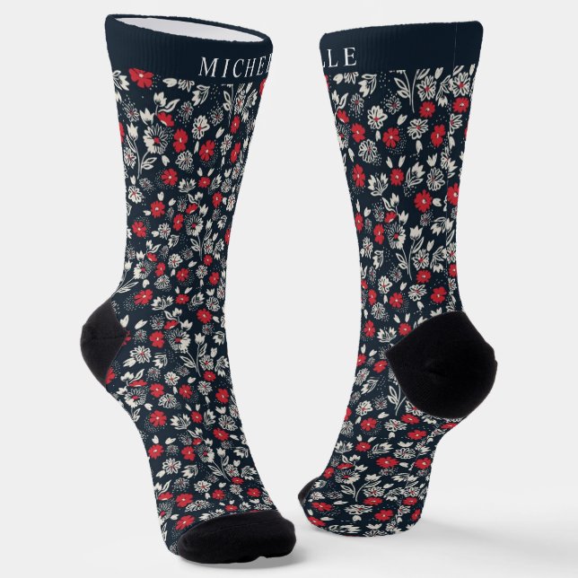 Chaussette Fleur blanche couleur bleu foncé floral rouge gris (Angulaire)