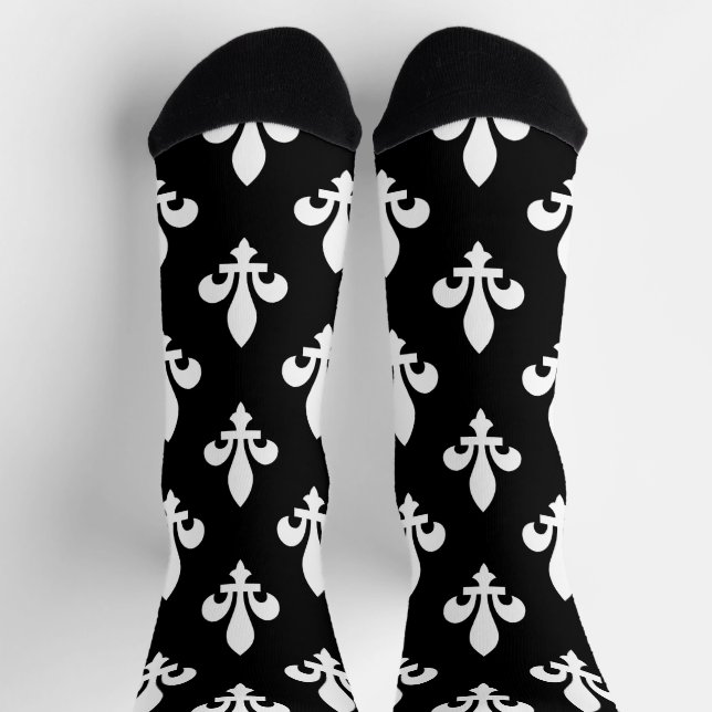 Chaussette Fleur de Lis Motif, Royal French, Blanc sur Noir (Haut)