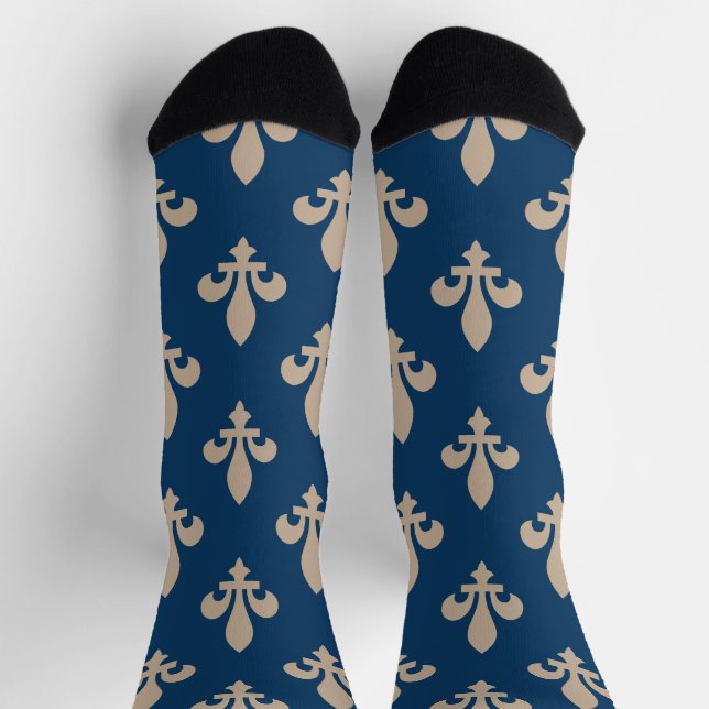 Chaussette Fleur de Lis Motif, Royal French, Crème sur Blue (Haut)