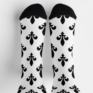 Chaussette Fleur de Lis Motif, Royal French, Noir sur Blanc