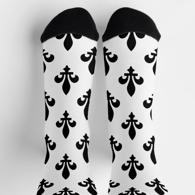 Chaussette Fleur de Lis Motif, Royal French, Noir sur Blanc (Haut)