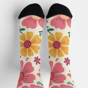 Chaussette Fleur Retro Épanouie au Soleil & Motif de Cœurs