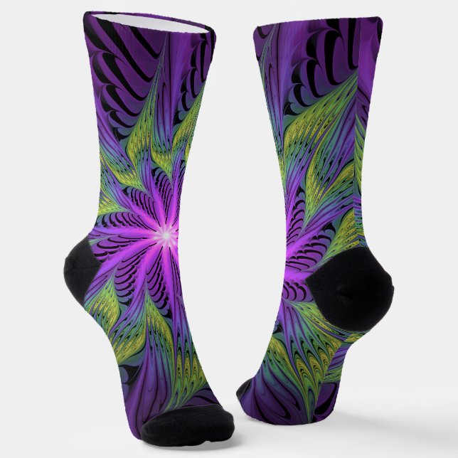 Chaussette Fleuron vert violet Art Abstrait fractal moderne (Angulaire)