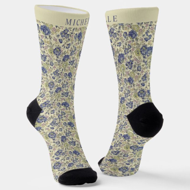 Chaussette Fleurs bleu floral jaune clair sur mesure (Angulaire)