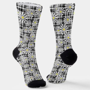 Chaussette Fleurs chamomiques blanches sur à damiers noir bla