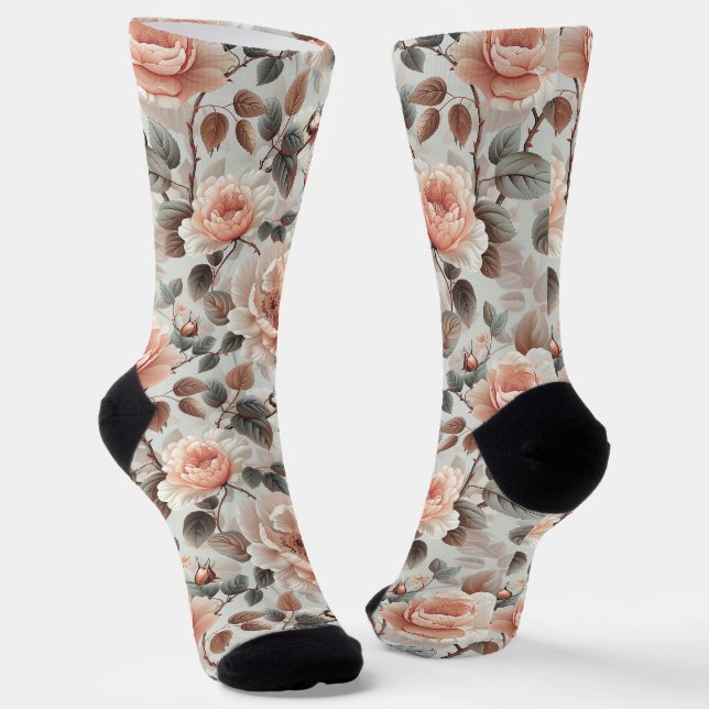 Chaussette Fleurs de crème avec feuilles gris sur un gris cla (Angulaire)
