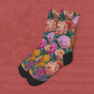 Chaussette Fleurs de lilas et de pêche maximalistes sur fond 