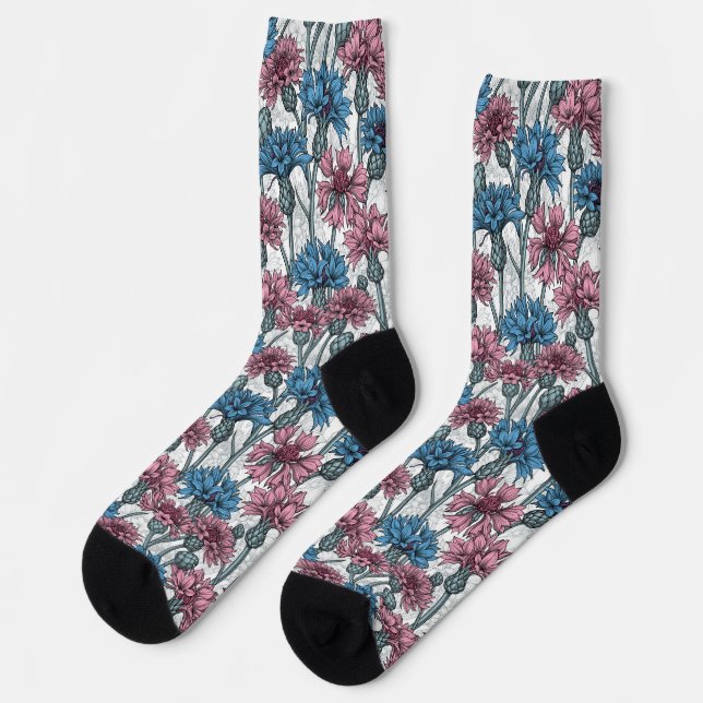Chaussette Fleurs de maïs rose et bleu sur blanc (Gauche)