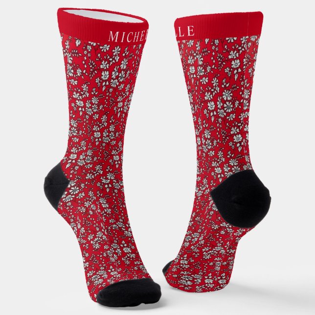 Chaussette Fleurs de Noël blanches Florales rouges personnali (Angulaire)
