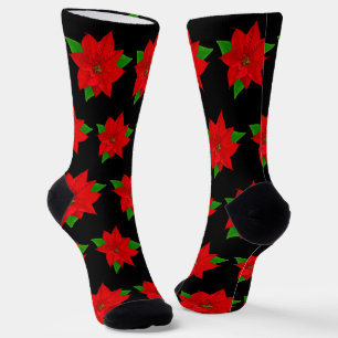 Chaussette Fleurs de Poinsettia de Noël sur fond noir