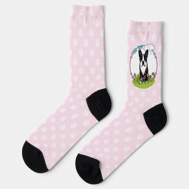 Chaussette Fleurs de printemps Boston Terrier Chien (noir) mi (Gauche)