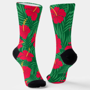 Chaussette Fleurs d'Hibiscus Rouge sur Feuilles Tropicales Ve