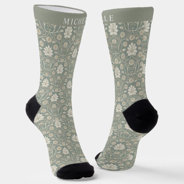 Chaussette Fleurs d'or jaune fleuri vert olive personnalisées (Angulaire)