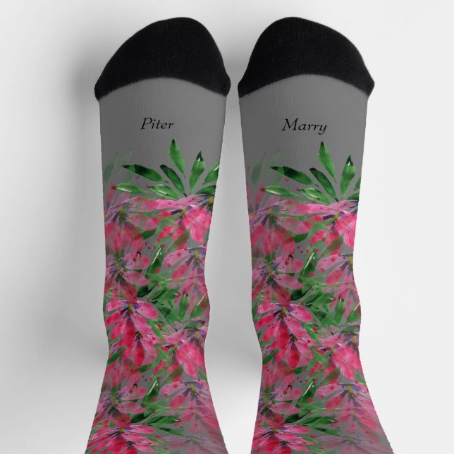 Chaussette Fleurs Fleurs Boho Couple Aquarelle Monogramme (Haut)