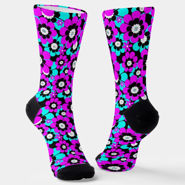 Chaussette Fleurs florales en néon Motif violet et turquoise (Angulaire)