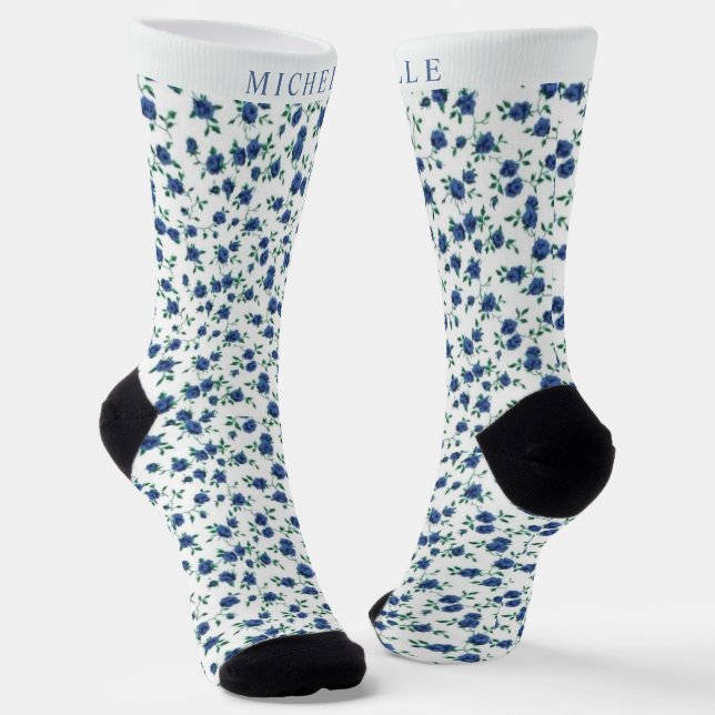 Chaussette Fleurs Flore Blanche Foncé Fleur Bleu Foncé Person (Angulaire)
