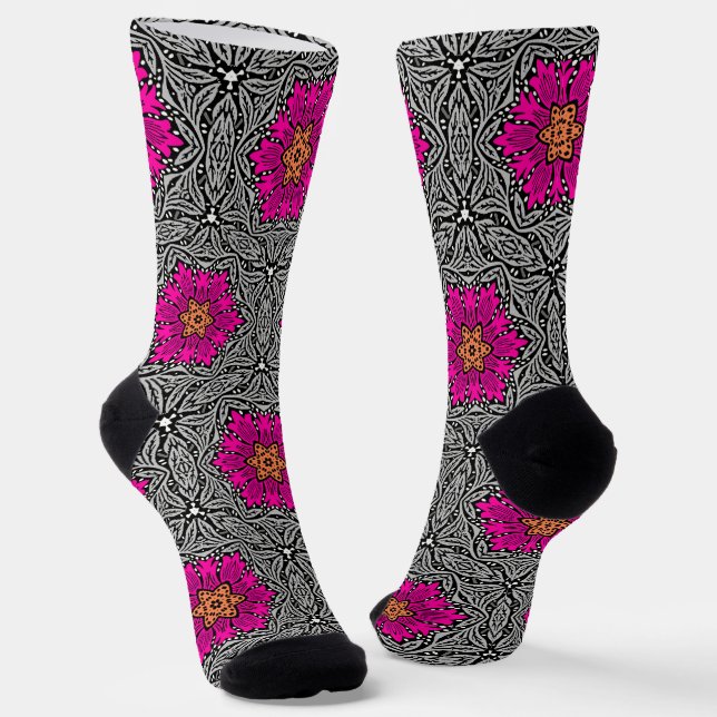 Chaussette Fleurs géométriques - Fuchsia rose et gris (Angulaire)
