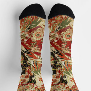 Chaussette FLEURS JAPONAISES ANTIQUES Rouge Vert Noir Floral