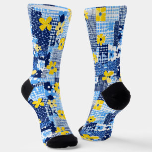 Chaussette Fleurs jaunes Motif bleu