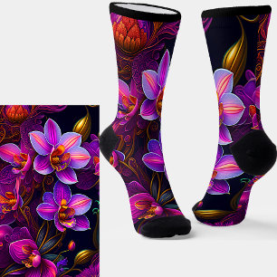 Chaussette Fleurs mauves violettes avec or sur noir