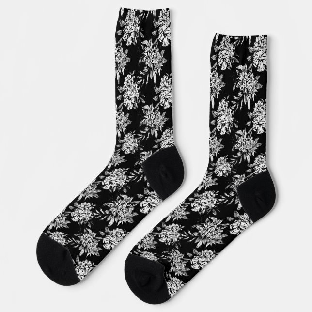 Chaussette Fleurs noires et blanches, motif botanique foncé (Gauche)