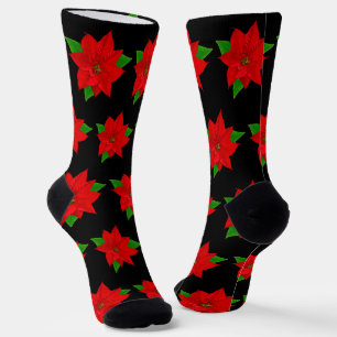 Chaussette Fleurs Poinsettia de Noël en noir