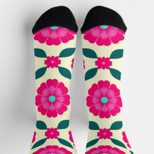 Chaussette Fleurs roses avec centres bleus et feuilles vertes